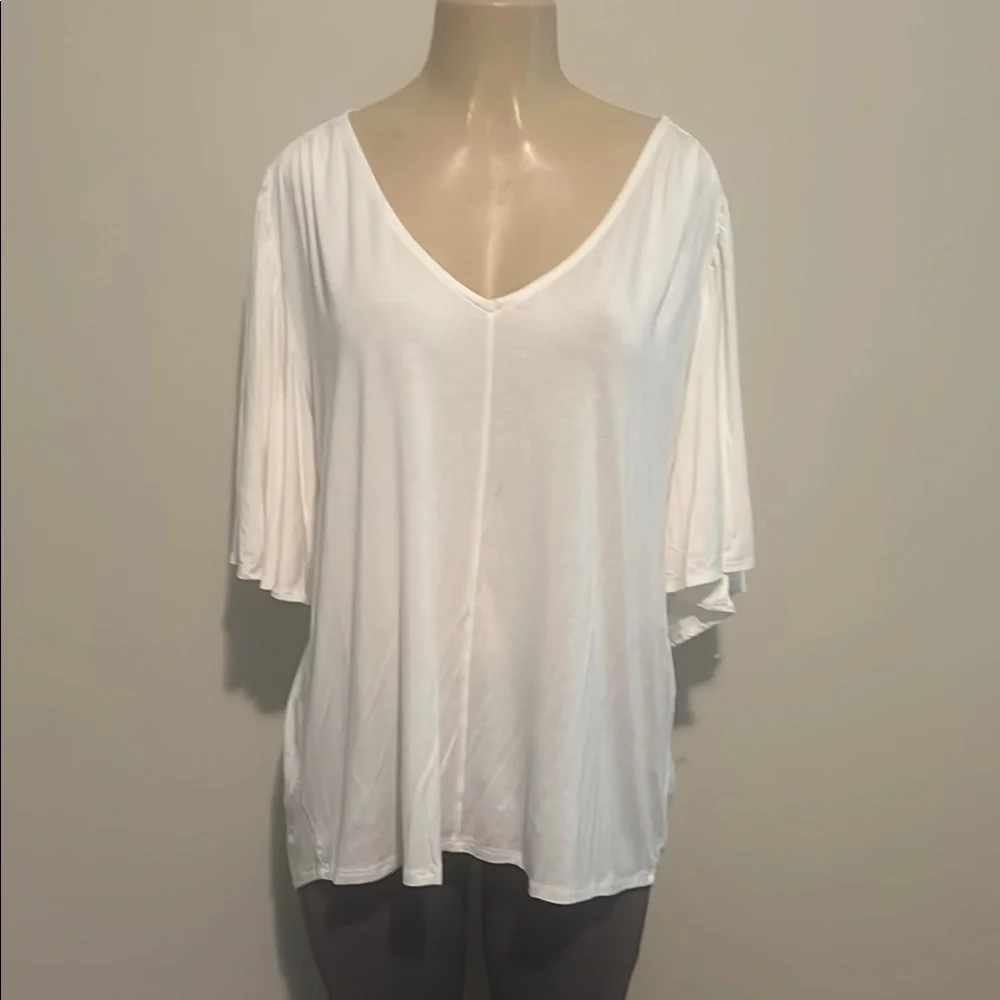Anthropologie Bordeaux Ivory Flutter S/S V-Neck Hi-Lo Flowy Blouse size XL - Picture 2 of 5